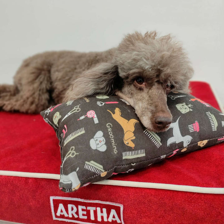 Cama viscoelástica para perros con un perro descansando en un cojín decorado con diseños de perros y herramientas de grooming.