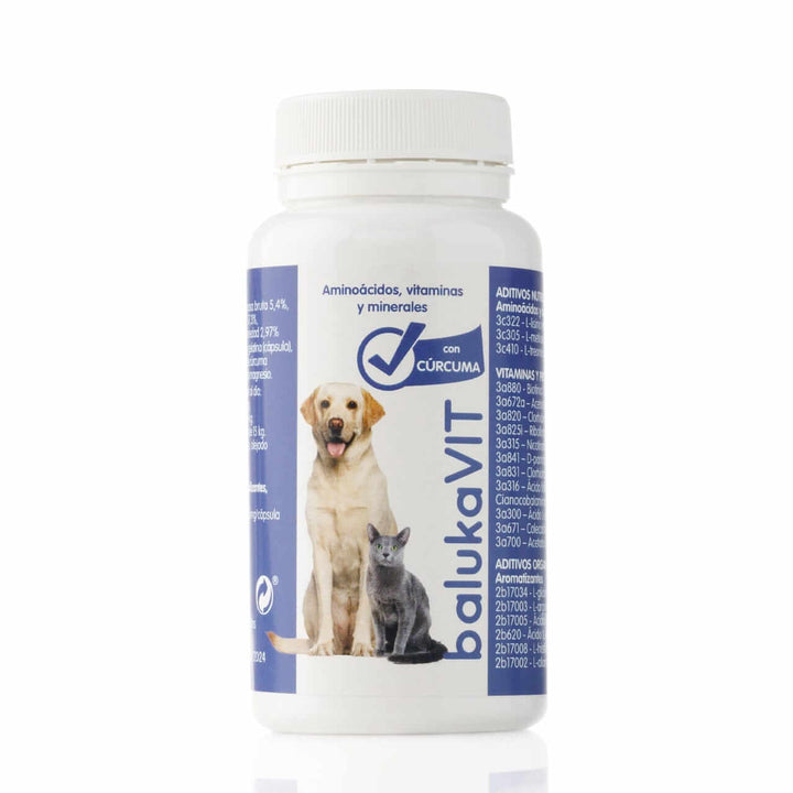 Antiinflamatorio para Perros y Gatos con Vitaminas y Cúrcuma - balukaVIT, frasco con imagen de perro y gato.