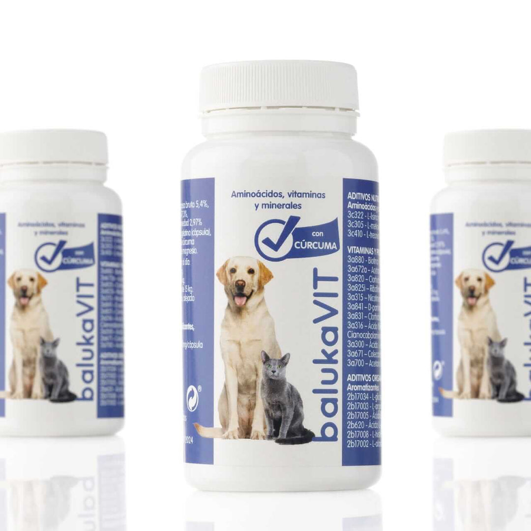 Antiiflamatorio para Perros y Gatos con Vitaminas y Cúrcuma - balukaVIT en botellas con un perro y un gato.