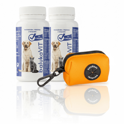 Pack balukavit + Porta Bolsas: botes de balukavit y portabolsas para paseos con mascotas.